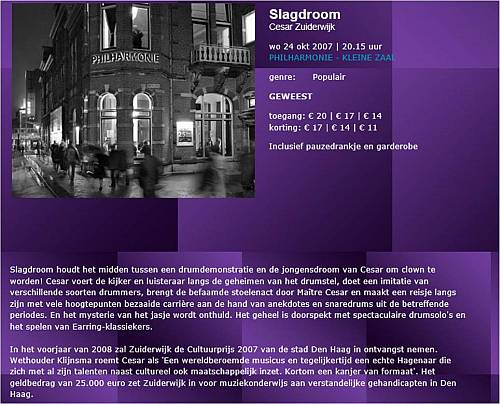 Cesar Zuiderwijk Slagdroom theatre show venue ad October 24 2007 Haarlem - Philharmonie